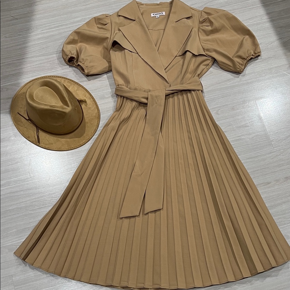 Nanette Lepore Camel Pleated Midi Dress with Puff Sleeves